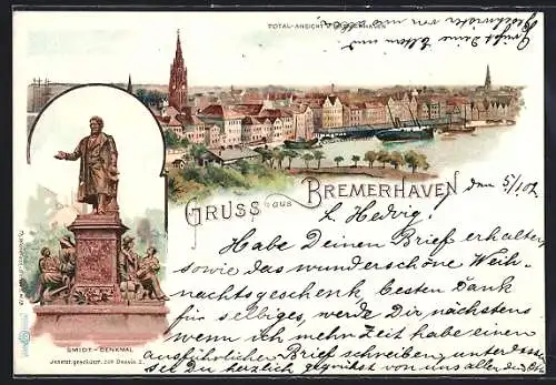 Lithographie Bremerhaven, Smidt-Denkmal und Ortsansicht