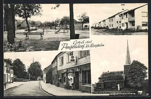 AK Angelsdorf /Kr. Bergheim, Strassenpartie mit Gasthaus, Kirche, Spielplatz
