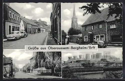 AK Oberaussem-Bergheim /Erft, Gasthaus und Kirche, Kraftwerk, Strassenpartie mit Geschäft