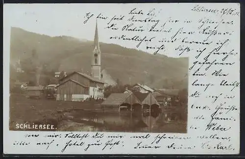 AK Schliersee, Uferpartie mit Kirche