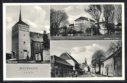 AK Mülhausen /Ndrh., Hauptstrasse mit Zigarrengeschäft, Kloster U. L. Frau, Pfarrkirche