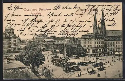 AK Dresden, Postplatz mit Kirche und Strassenbahn