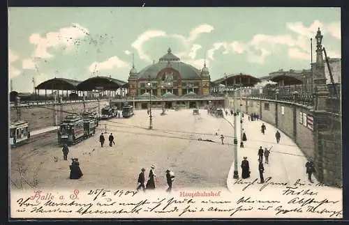 AK Halle a. S., Hauptbahnhof mit Strassenbahn