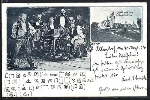 Lithographie Allendorf a. Werra, Schloss Rothe-Stein, Gruppe von Männern