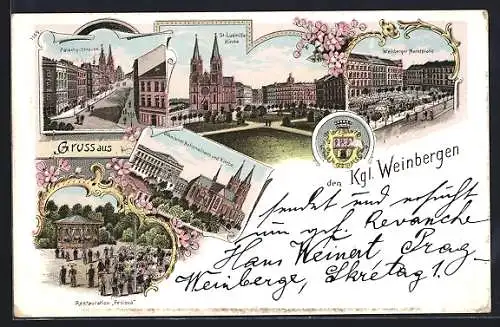 Lithographie Prag / Praha, Kgl. Weinberge, Palachy Strasse, Restaurant Feslova, Weinberger Marktplatz