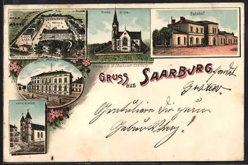 Lithographie Saarburg, kath. Kirche, Kaiserl. Postamt, prot. Kirche, Bahnhof