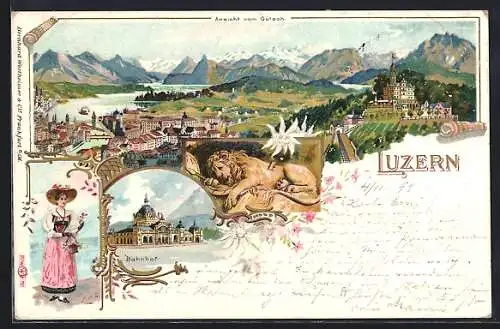 Lithographie Luzern, Ansicht vom Gütsch, Bahnhof, Frau in Tracht, Löwe, Edelweiss, Um 1900