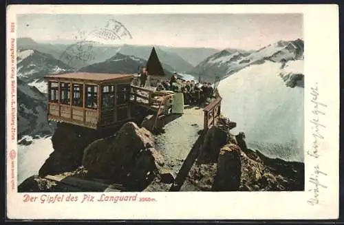 Lithographie Piz Languard, Gipfelstation mit Alpenaussicht