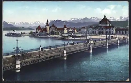 AK Luzern, Seebrücke, Bahnhof u. Friedensmuseum