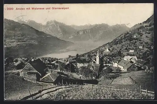 AK Amden, Gesamtansicht mit Walensee und Glarneralpen