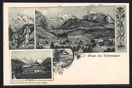 AK Unterwasser, Ortsansicht aus der Ferne, Hotel Sternen, Bauer in Tracht