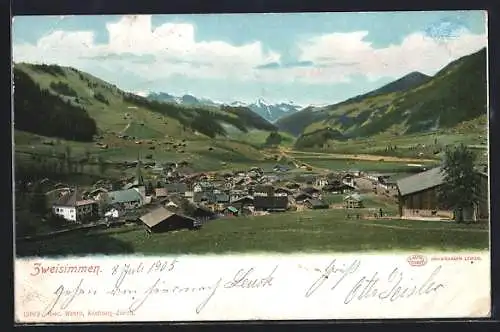 AK Zweisimmen, Totalansicht mit Umgebungspanorama