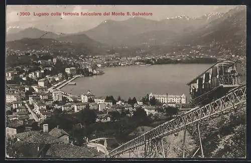 AK Lugano, Lugano colla Ferrovia funicolare del Monte S. Salvatore, Bergbahn
