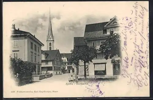 AK Kerns, Dorfpartie, Blick auf Kirchturm
