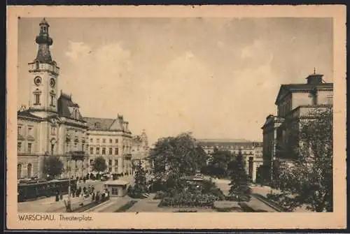 AK Warschau, Theaterplatz mit Strassenbahn