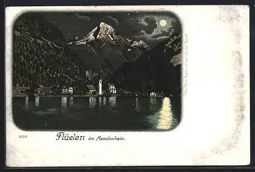 Mondschein-Lithographie Flüelen, Uferpartie mit Bergen im Vollmondlicht