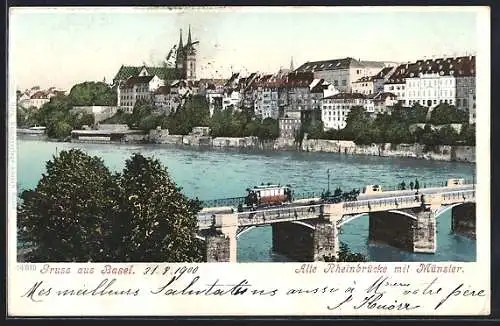 AK Basel, Alte Rheinbrücke mit Strassenbahn, um 1900