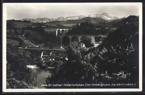 AK St. Gallen-Sitterbrücken, Ortsansicht mit der Säntiskette im Hintergrund