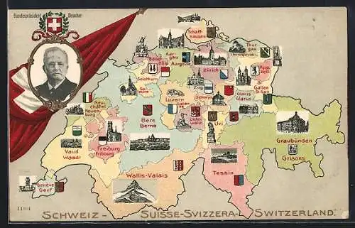Künstler-AK Schweiz, Umriss des Landes mit Städteansichten und Wappen, Fahne und Portrait