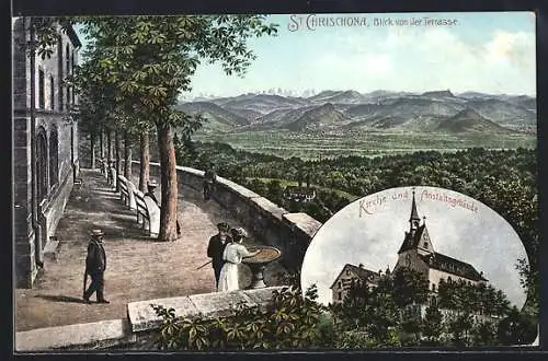 AK Basel, St. Chrischona, Blick von der Terrasse, Kirche und Anstaltsgebäude
