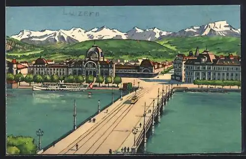 Künstler-AK Luzern, Bahnhof und Unterwaldneralpen, Strassenbahn