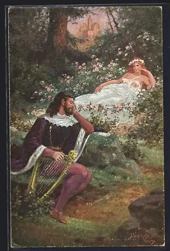 Künstler-AK Kränzle: Tannhäuser mit Harfe und einer Blumenmaid
