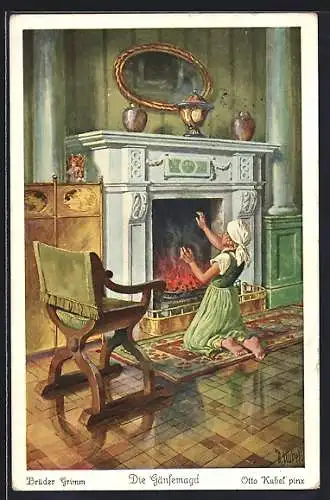 Künstler-AK Otto Kubel: Gänsemagd klagt dem Ofen ihr Leid, Märchen Die Gänsemagd