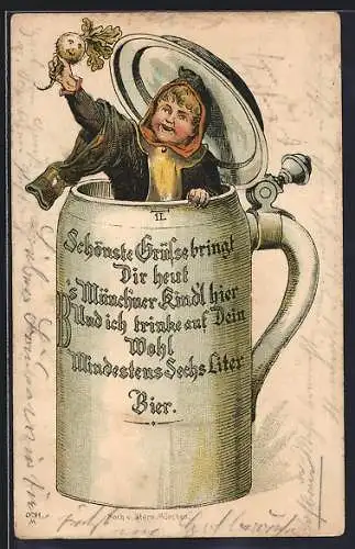 Lithographie Schönste Grüsse bringt Dir heut `s Münchner Kindl...