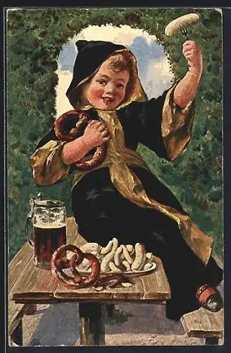 AK Münchner Kindl mit Brezel und Weisswurst