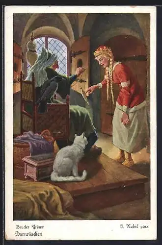 Künstler-AK Otto Kubel: Gebrüder Grimm, Dornröschen, der Stich an der Spule