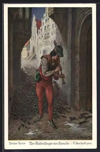 Künstler-AK Oskar Herrfurth: Der Rattenfänger von Hameln, Rattenfänger spielt Pfeifchen