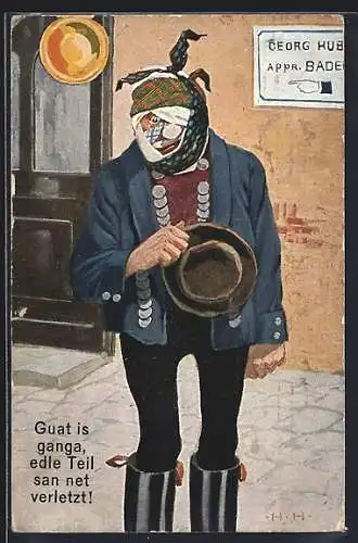 AK Guat is ganga, Mann mit einem Verband um den Kopf, Karikatur