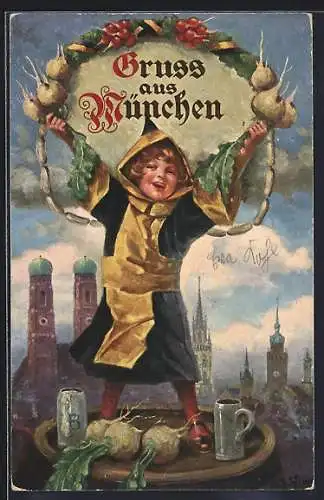 Künstler-AK Ernst Schlemo: Münchner Kindl mit Bierkrügen vor Frauenkirche