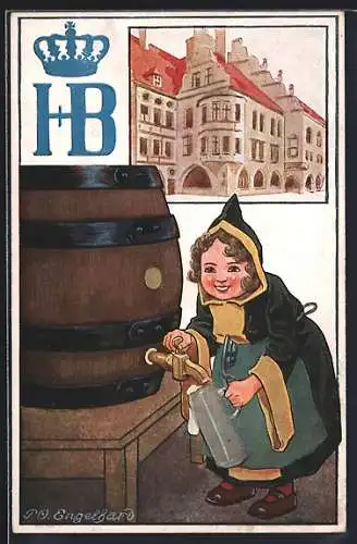 Künstler-AK P.O.Engelhard (P.O.E.): München, Münchner Kindl zapft ein Bier, Hofbräuhaus