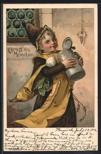 Lithographie München, Münchner Kindl mit Bierkrug vor dem Gasthaus Gassenschänke