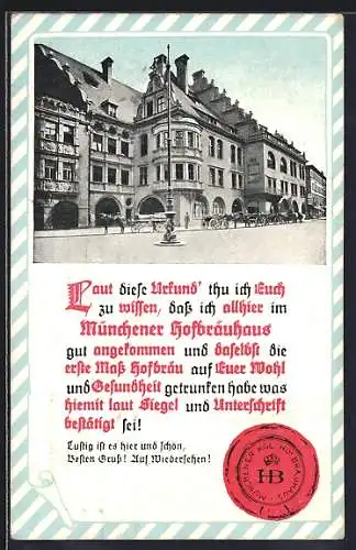 AK Kutschen vor dem Münchner Hofbräuhaus, Spruch und Siegel
