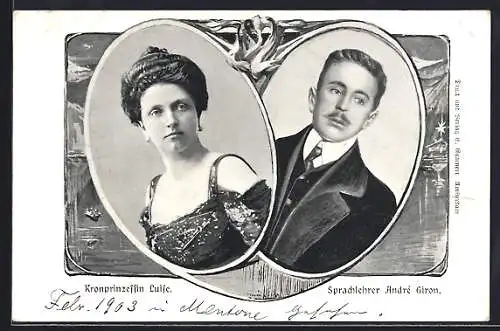AK Kronprinzessin Luise von Sachsen und Srpachlehrer André Giron