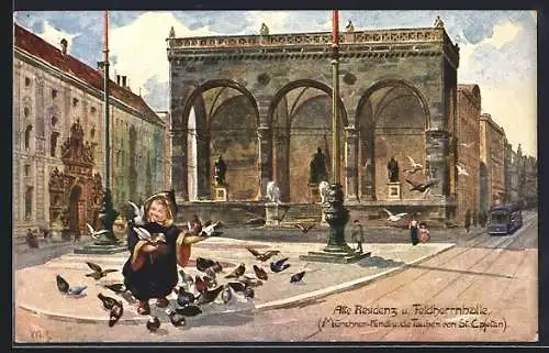 Künstler-AK Tanzendes Münchner Kindl vor der alten Residenz und Feldherrnhalle mit den Tauben von St. Cajetan