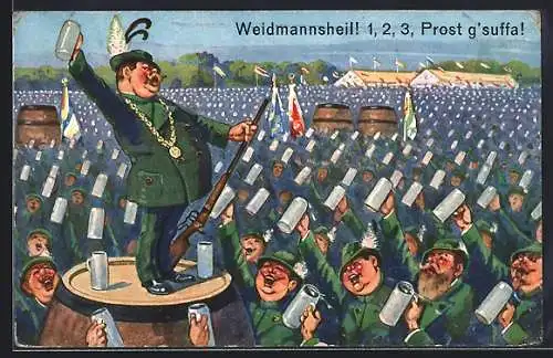 AK Weidmannsheil! 1, 2, 3, Prost g`suffa!, unzählige Jäger halten Bierkrüge zuprostend in die Luft