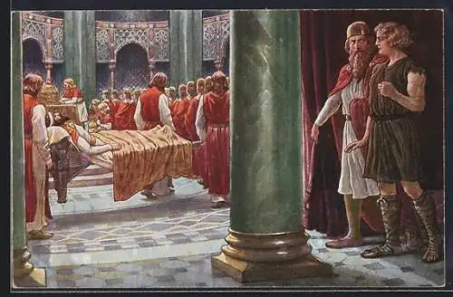 Künstler-AK Parsival, Amfortas verletzt auf der Trage