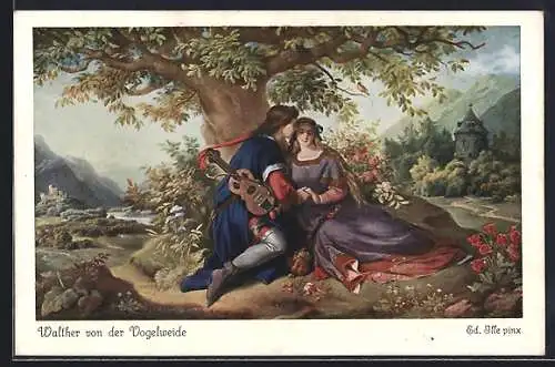 Künstler-AK sign. Ed. Ille: Walther von der Vogelweide mit seiner Geliebten unter einem Baum