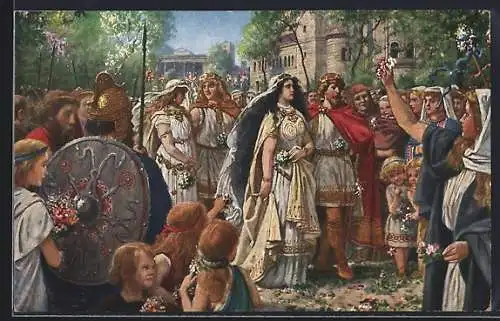Künstler-AK H. Hoffmann: Die Nibelungen, wie Siegfried mit Kriemhild u. Gunther mit Brunhild Hochzeit machte