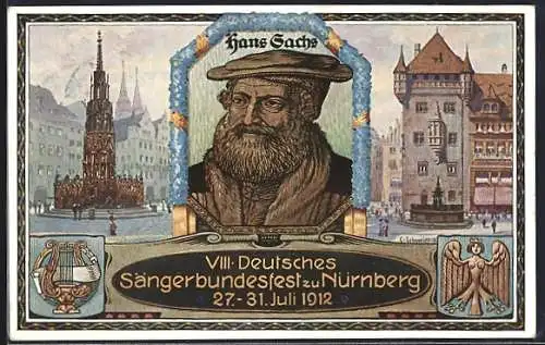AK Nürnberg, VIII. Deutsches Sängerbundfest 1912, Hans Sachs, Harfe