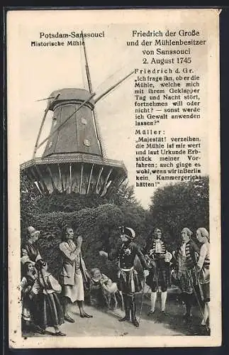 AK Potsdam, Sanssouci, Historische Mühle und Friedrich der Grosse
