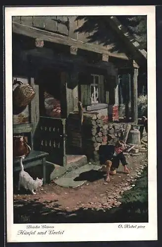 Künstler-AK Otto Kubel: Brüder Grimm, Hänsel und Gretel, Karte Nr. 1, Junge sammelt Steinchen