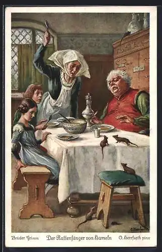Künstler-AK Oskar Herrfurth: Brüder Grimm, Der Rattenfänger von Hameln, Familie bei Tisch, Ratten auf d.Tisch