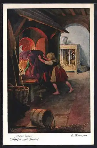 Künstler-AK Otto Kubel: Märchen von Hänsel und Gretel, Gretel stösst die Hexe in den Ofen
