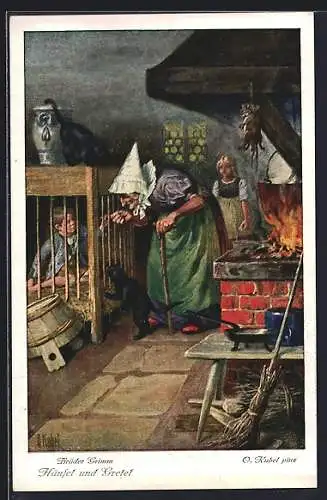Künstler-AK Otto Kubel: Brüder Grimm, Hänsel und Gretel, Hänsel wird gemästet