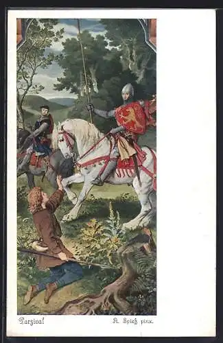 Künstler-AK A. Spiess: Parsival und ein Ritter zu Pferd