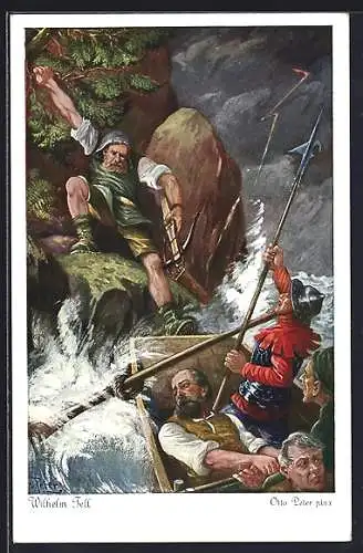 Künstler-AK O. Peter: Wilhelm Tells Flucht von Herrenschiff